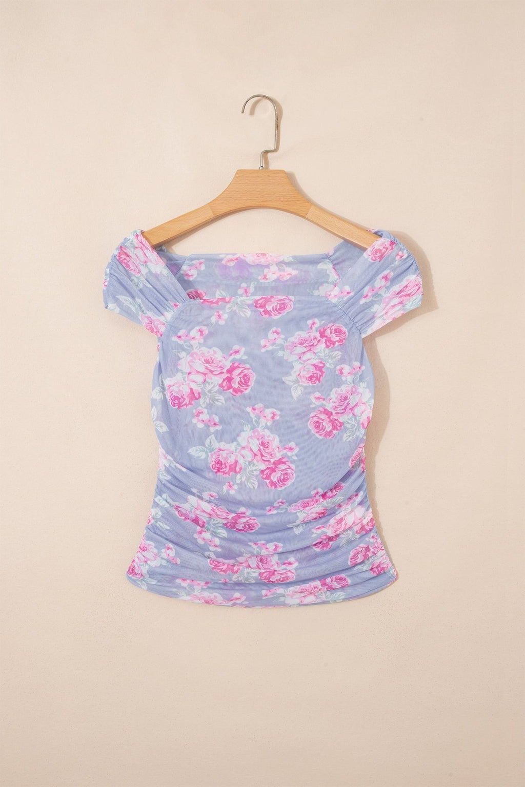 Floral Mesh Square Neck Cap Sleeve Ruched Top - Rooted & Reckless Co.