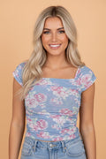 Floral Mesh Square Neck Cap Sleeve Ruched Top - Rooted & Reckless Co.