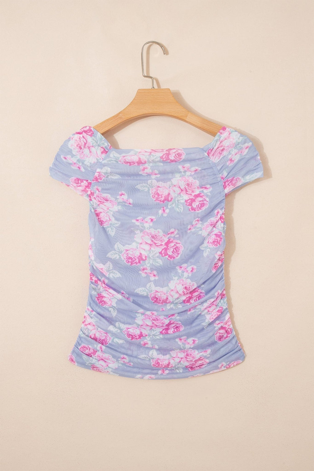 Floral Mesh Square Neck Cap Sleeve Ruched Top - Rooted & Reckless Co.