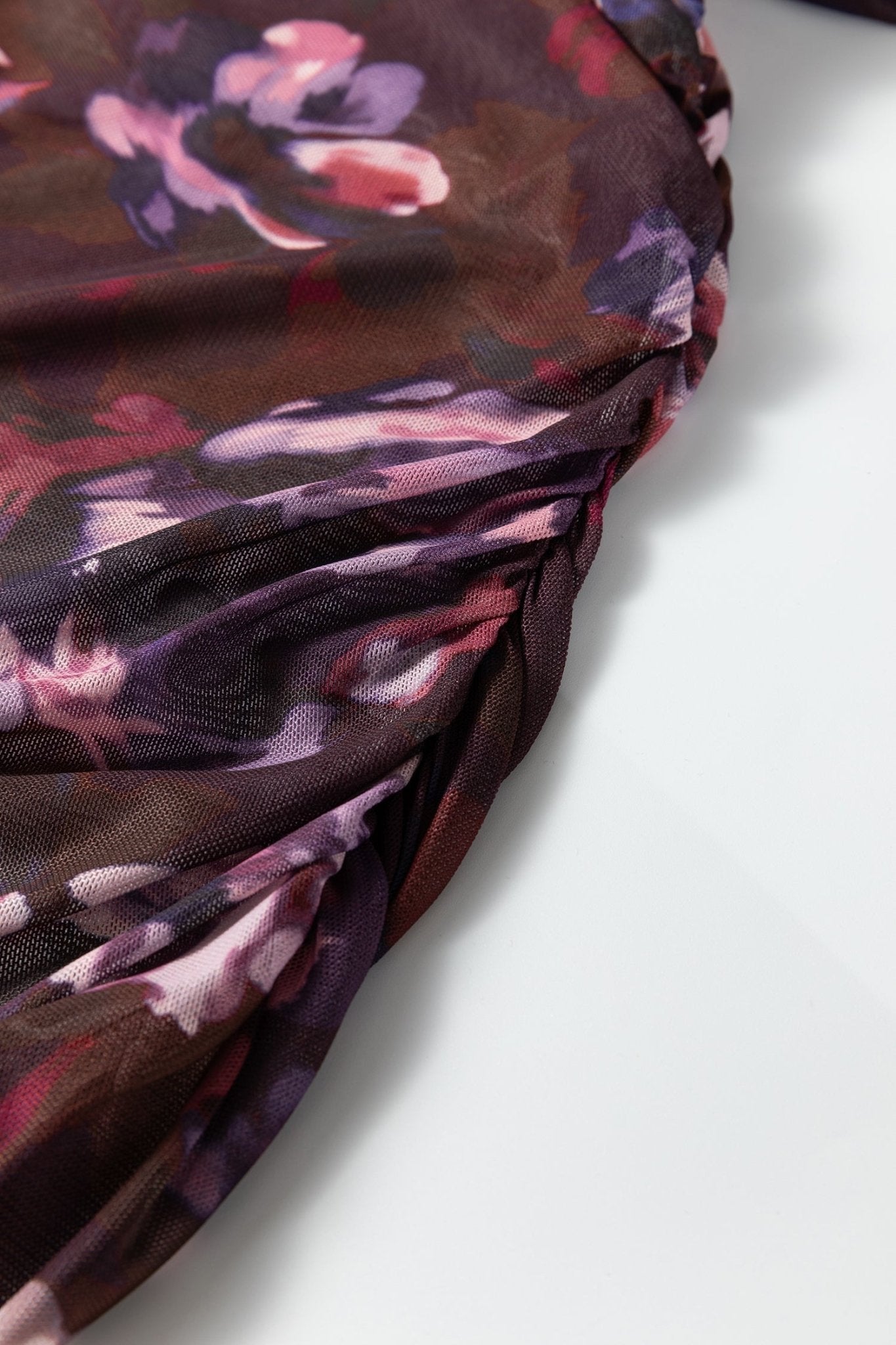 Floral Mesh Turtleneck Long Sleeve Ruched Top - Rooted & Reckless Co.