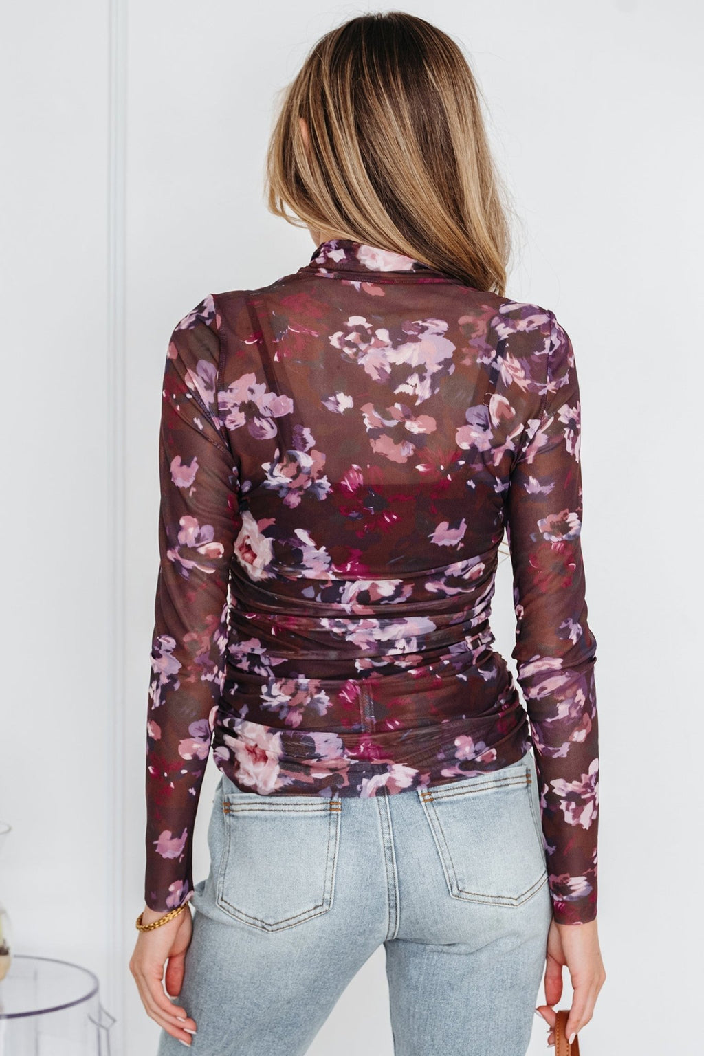 Floral Mesh Turtleneck Long Sleeve Ruched Top - Rooted & Reckless Co.