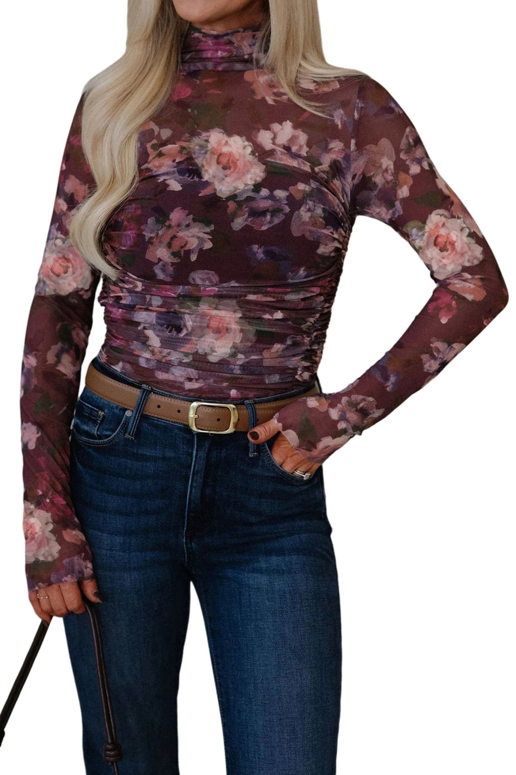 Floral Mesh Turtleneck Long Sleeve Ruched Top - Rooted & Reckless Co.