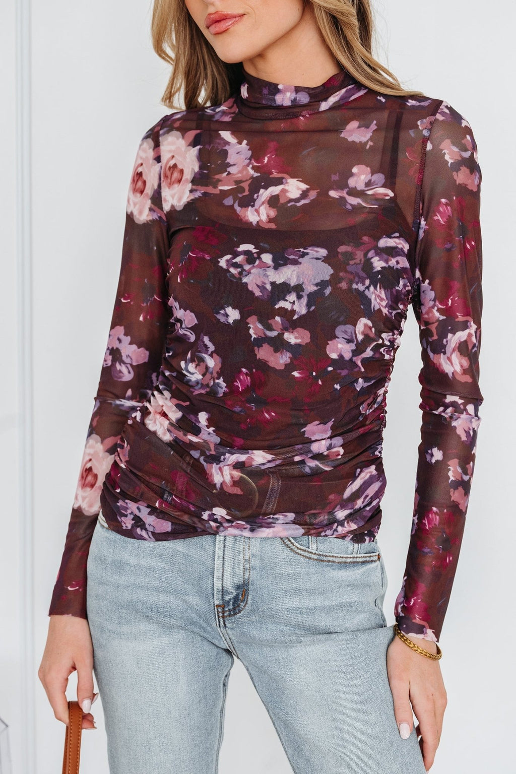 Floral Mesh Turtleneck Long Sleeve Ruched Top - Rooted & Reckless Co.