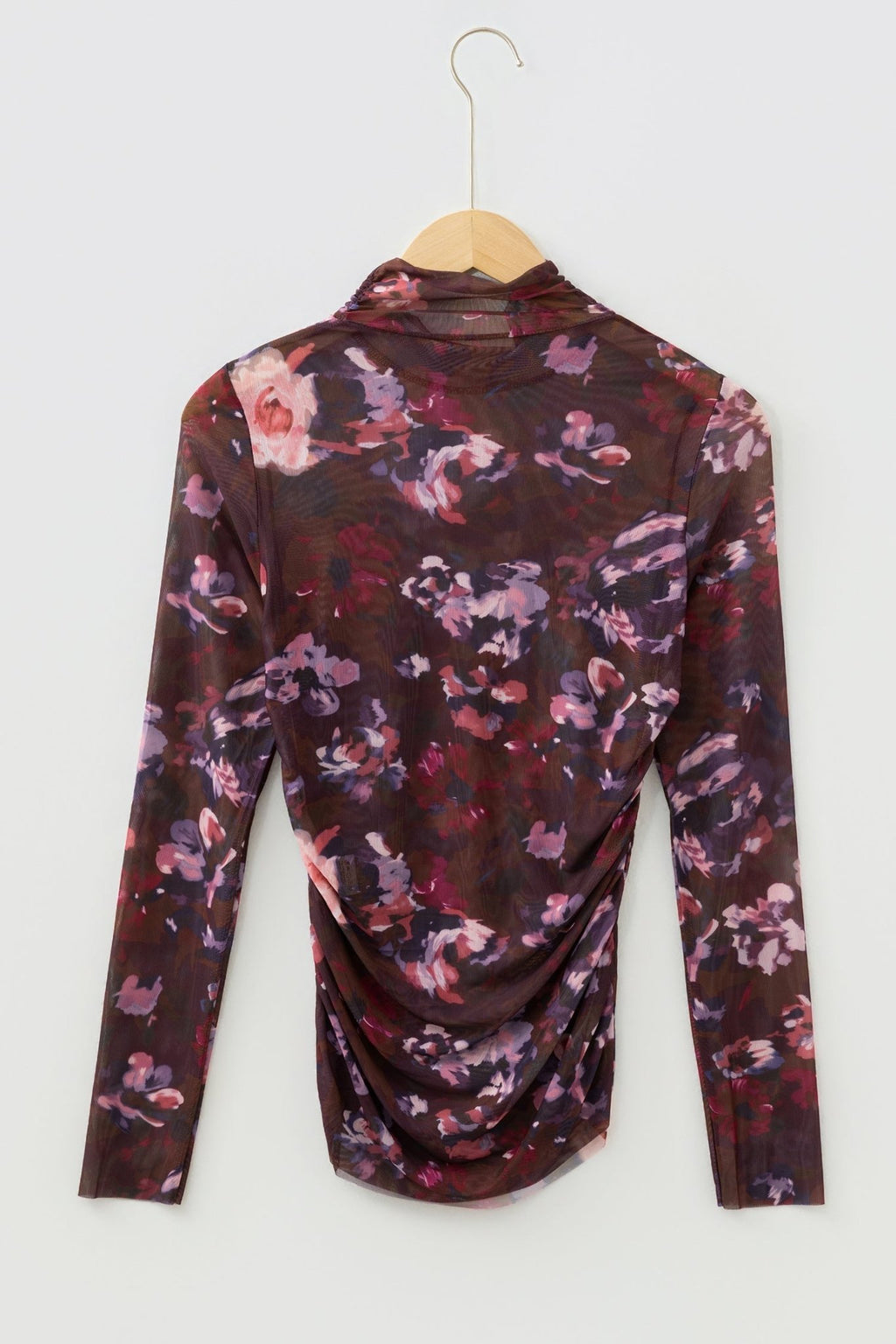 Floral Mesh Turtleneck Long Sleeve Ruched Top - Rooted & Reckless Co.