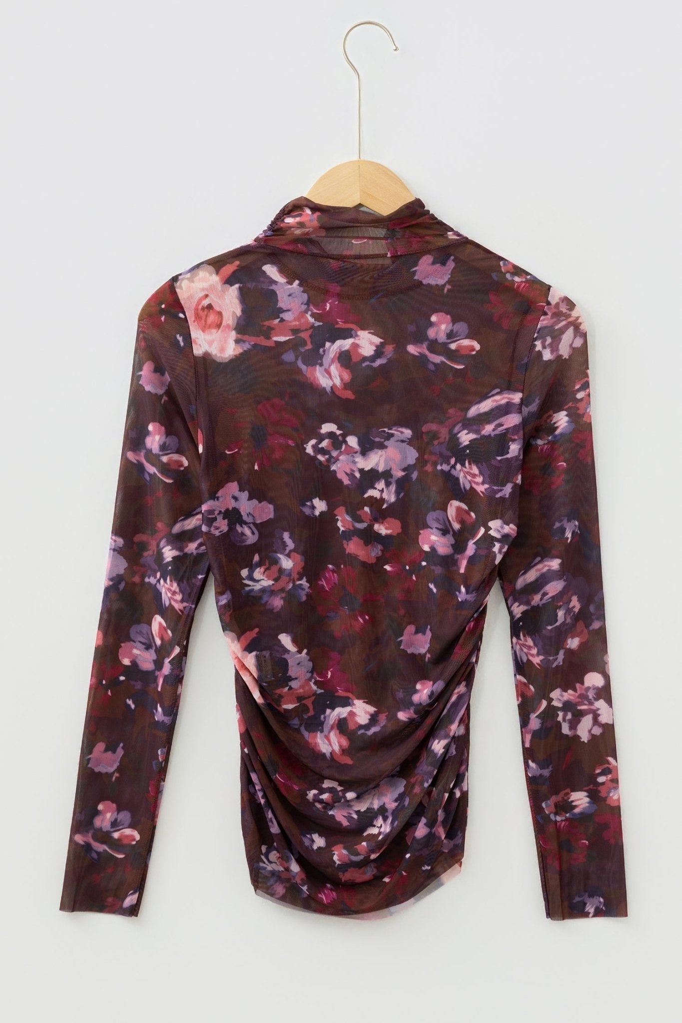 Floral Mesh Turtleneck Long Sleeve Ruched Top - Rooted & Reckless Co.