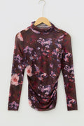 Floral Mesh Turtleneck Long Sleeve Ruched Top - Rooted & Reckless Co.