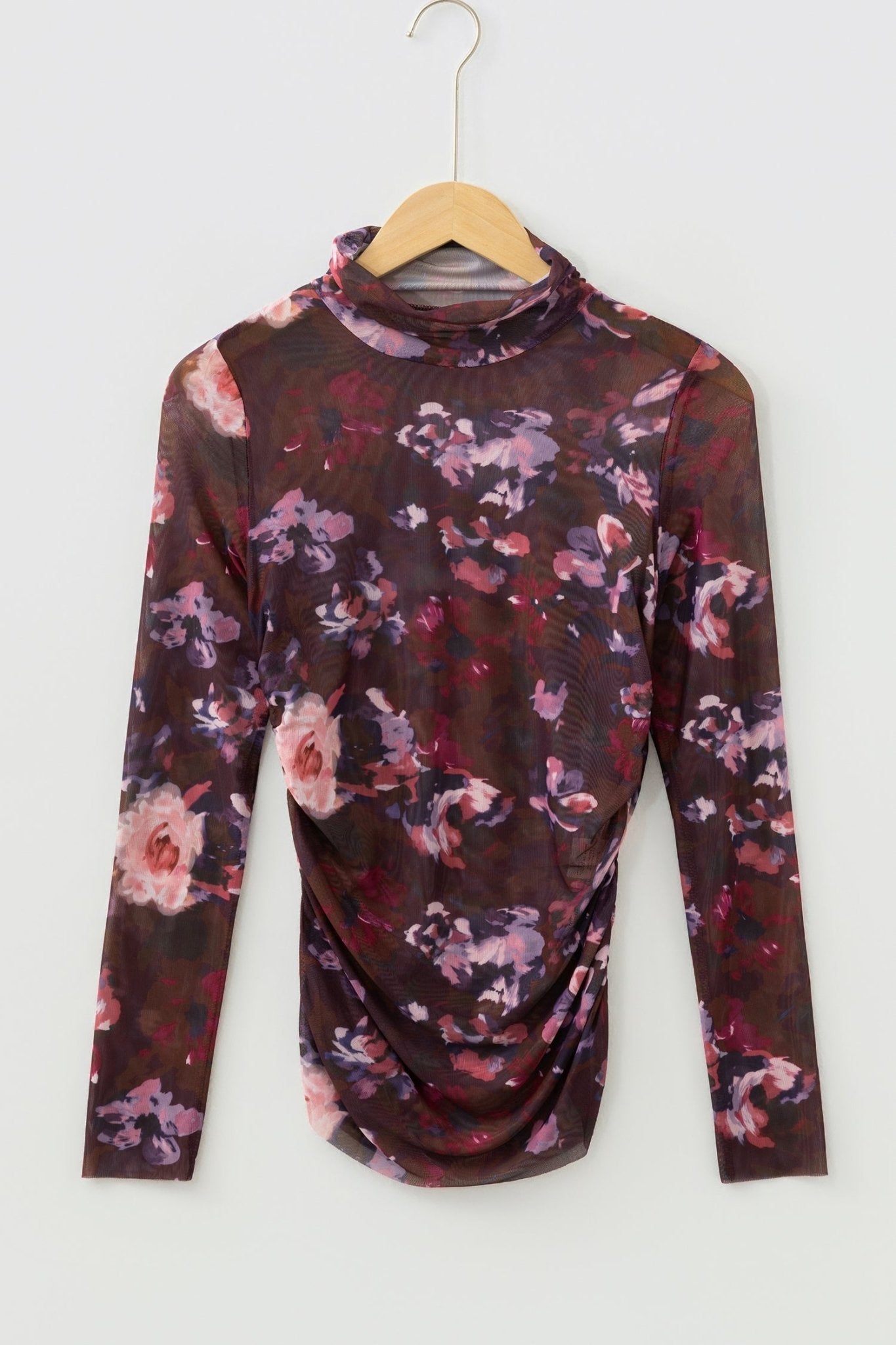 Floral Mesh Turtleneck Long Sleeve Ruched Top - Rooted & Reckless Co.