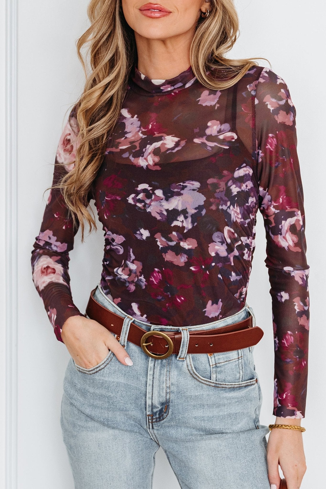 Floral Mesh Turtleneck Long Sleeve Ruched Top - Rooted & Reckless Co.