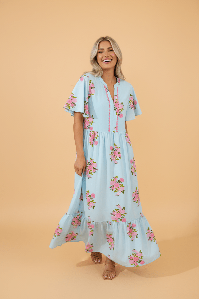 Floral Notched Neck Flutter Sleeve Maxi Dress - Rooted & Reckless Co.