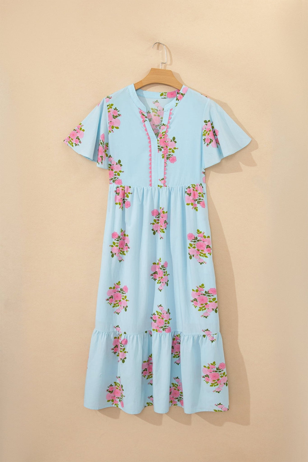 Floral Notched Neck Flutter Sleeve Maxi Dress - Rooted & Reckless Co.