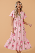 Floral Notched Neck Flutter Sleeve Maxi Dress - Rooted & Reckless Co.