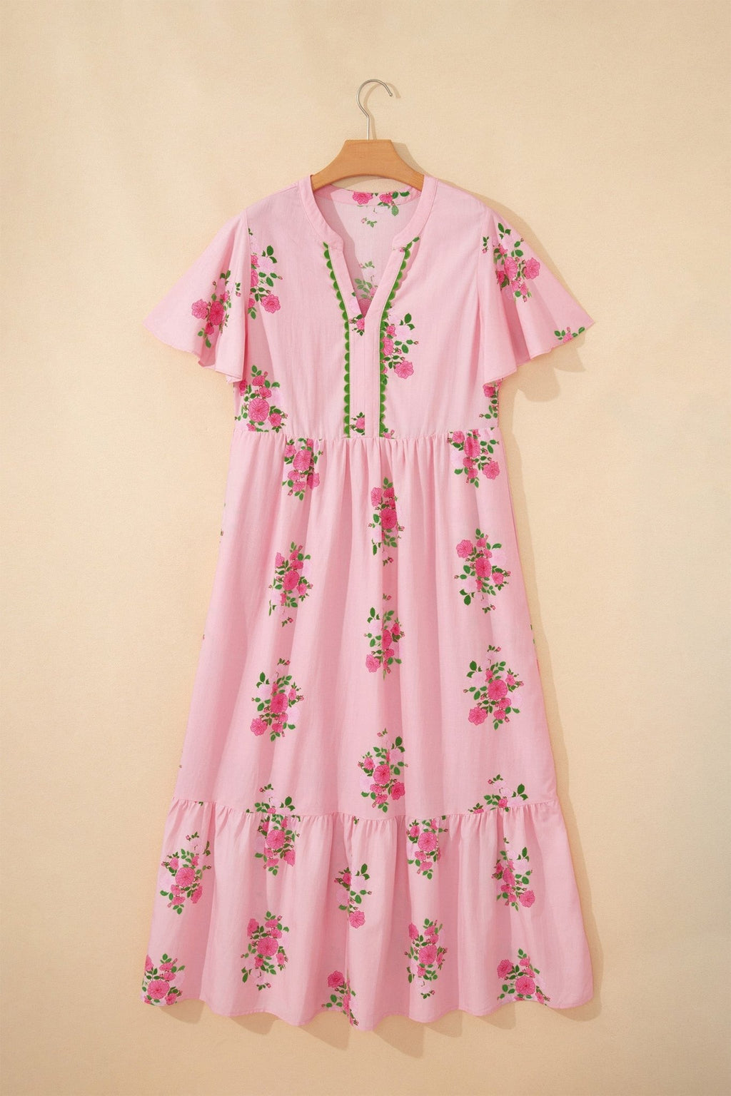 Floral Notched Neck Flutter Sleeve Maxi Dress - Rooted & Reckless Co.