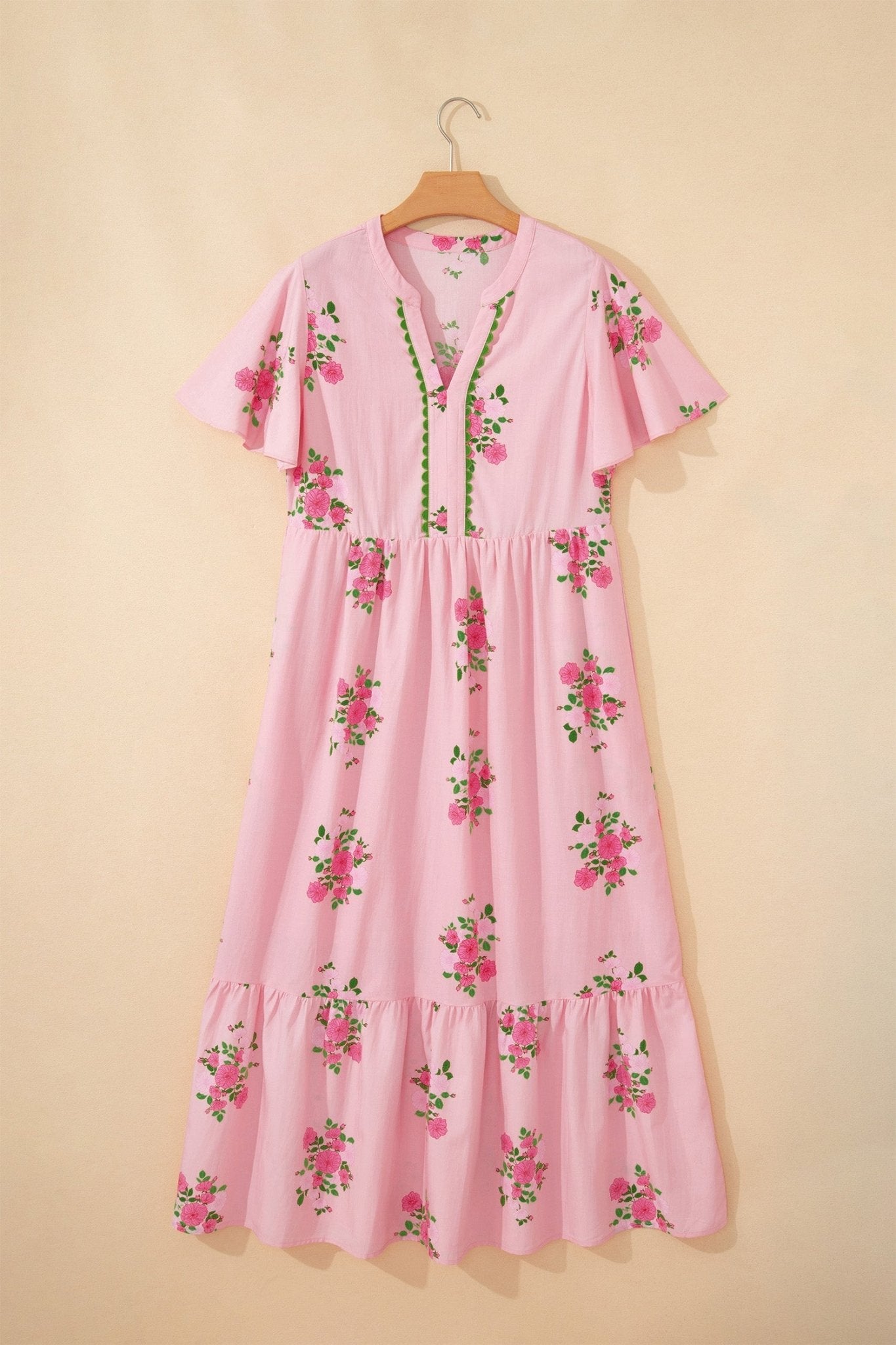 Floral Notched Neck Flutter Sleeve Maxi Dress - Rooted & Reckless Co.
