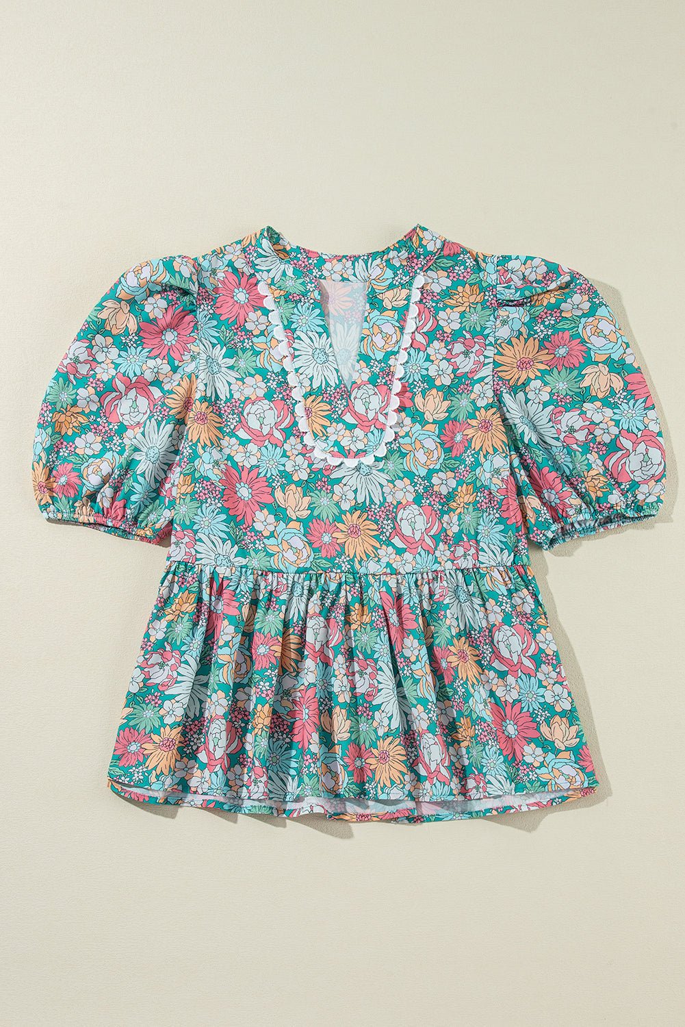 Floral Notched Neck Puff Short Sleeve Blouse - Rooted & Reckless Co.