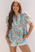 Floral Notched Neck Puff Short Sleeve Blouse - Rooted & Reckless Co.