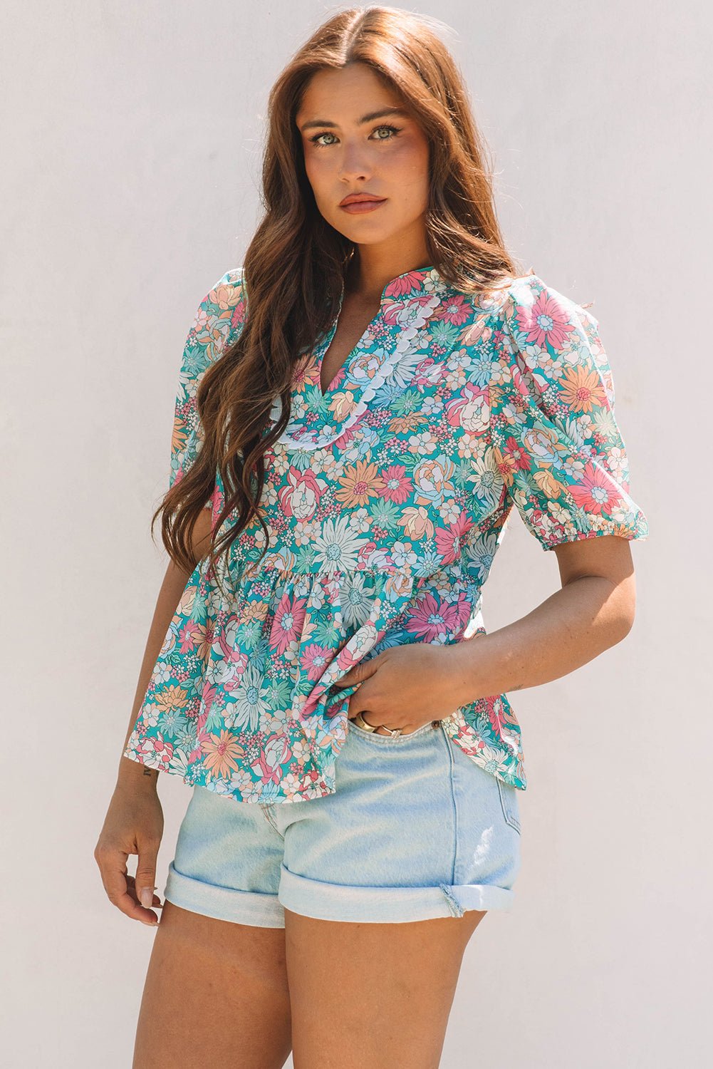 Floral Notched Neck Puff Short Sleeve Blouse - Rooted & Reckless Co.