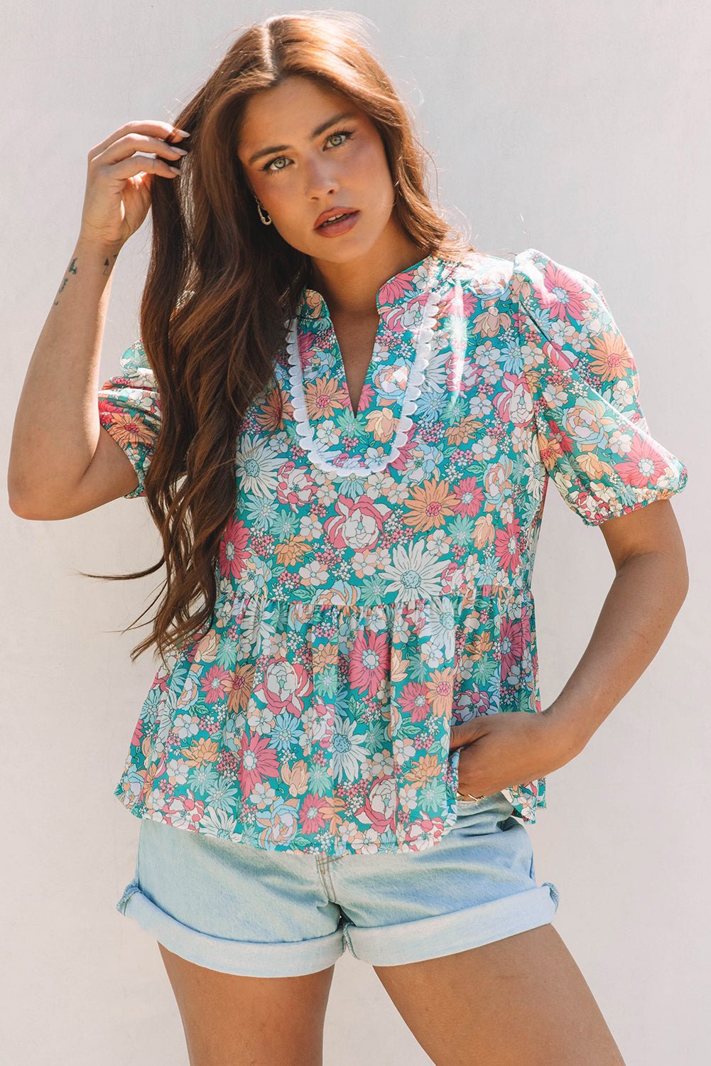 Floral Notched Neck Puff Short Sleeve Blouse - Rooted & Reckless Co.