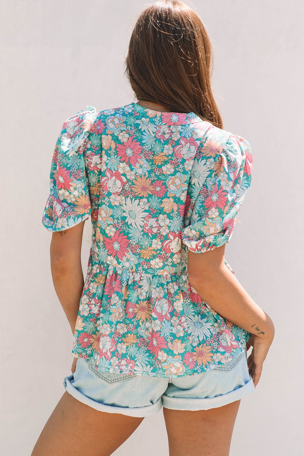 Floral Notched Neck Puff Short Sleeve Blouse - Rooted & Reckless Co.