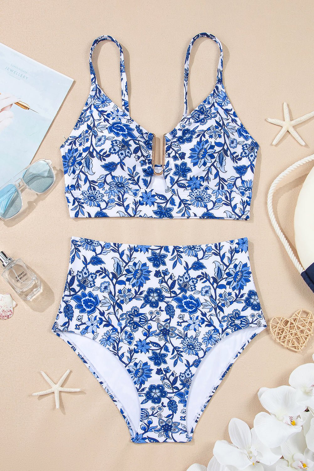 Floral Notched Neck Top & High Waist Bikini Set - Rooted & Reckless Co.