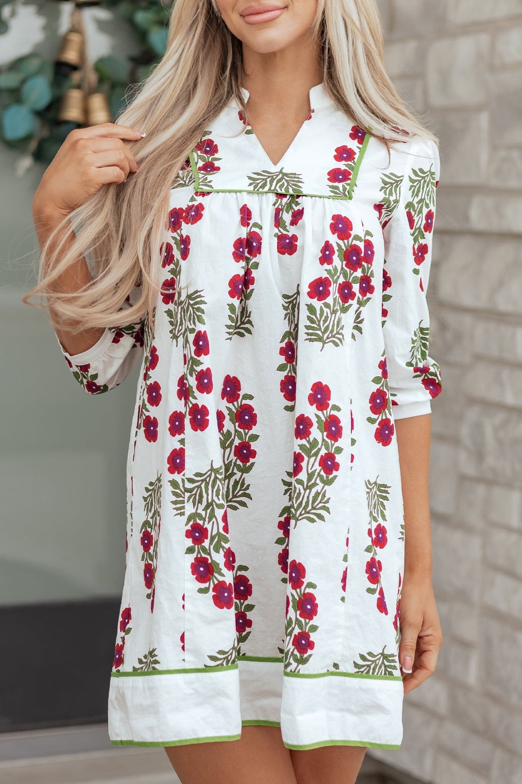 Floral Notched V-Neck 3/4 Sleeve Dress - Rooted & Reckless Co.