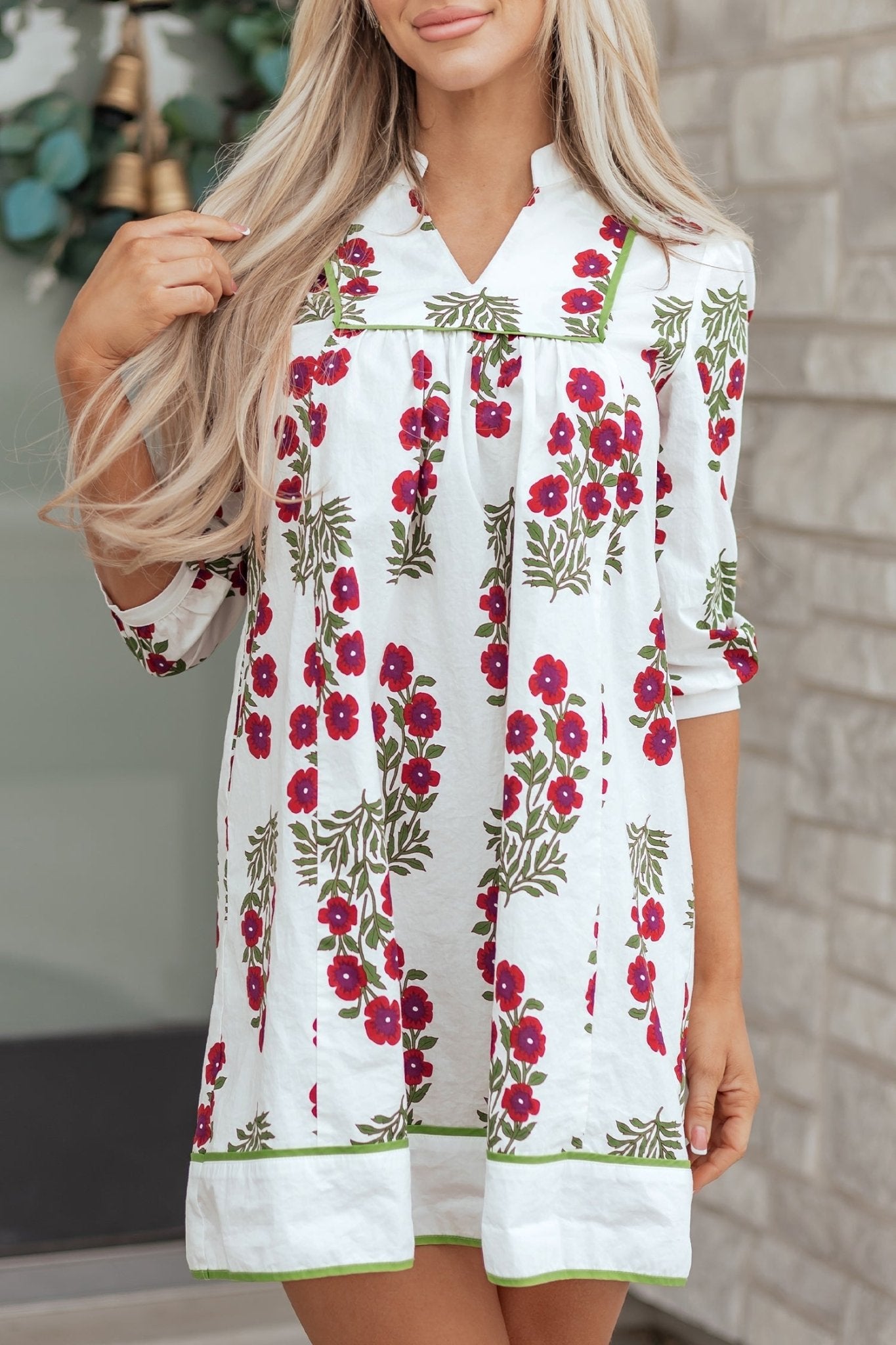 Floral Notched V-Neck 3/4 Sleeve Dress - Rooted & Reckless Co.