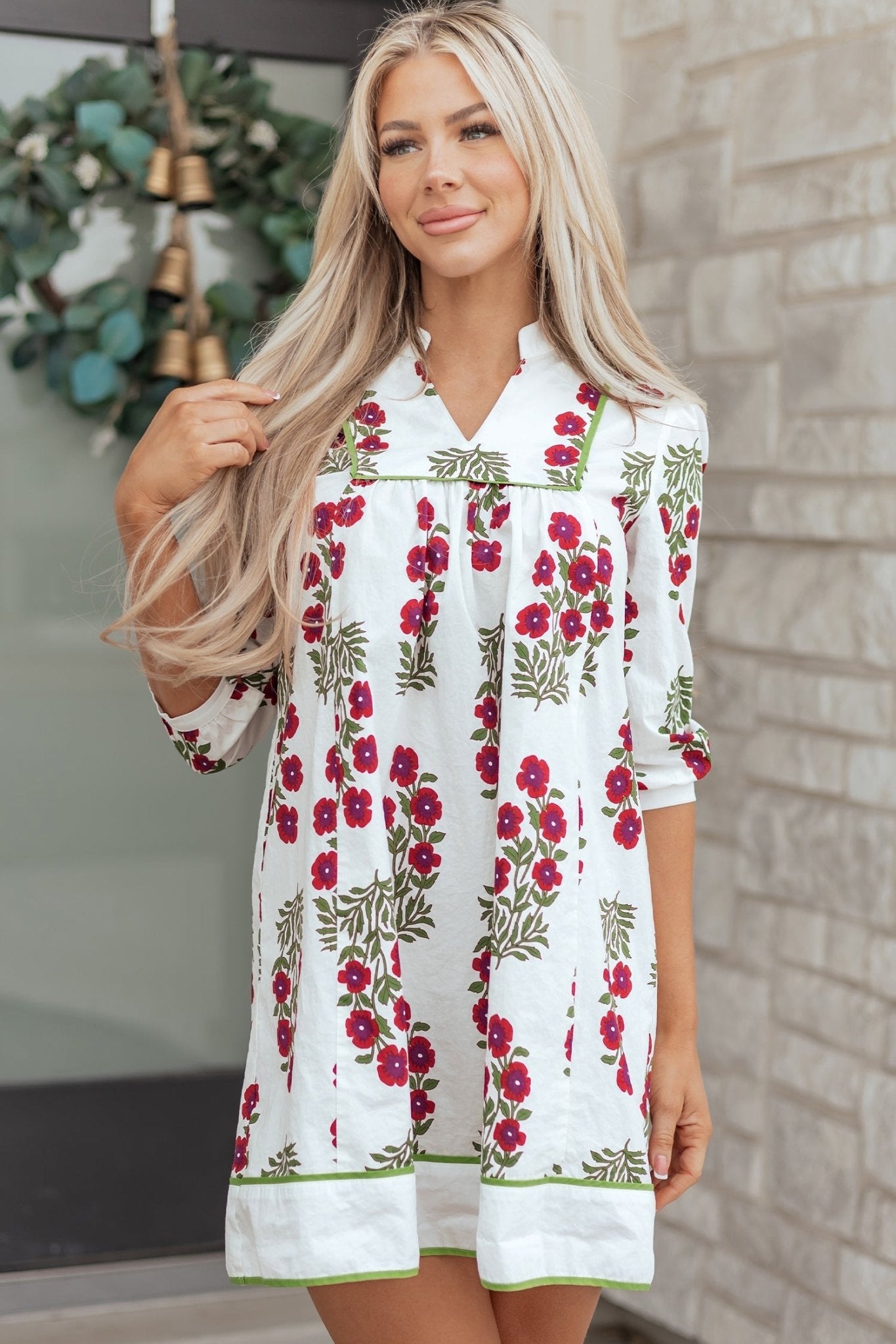 Floral Notched V-Neck 3/4 Sleeve Dress - Rooted & Reckless Co.