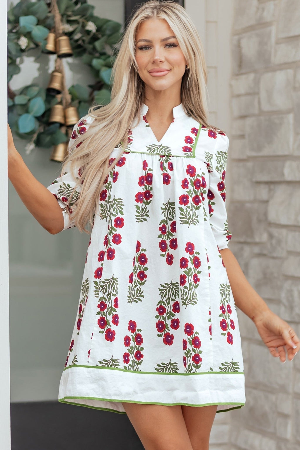 Floral Notched V-Neck 3/4 Sleeve Dress - Rooted & Reckless Co.