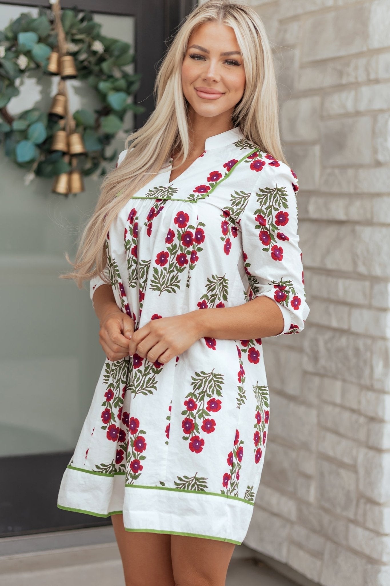 Floral Notched V-Neck 3/4 Sleeve Dress - Rooted & Reckless Co.
