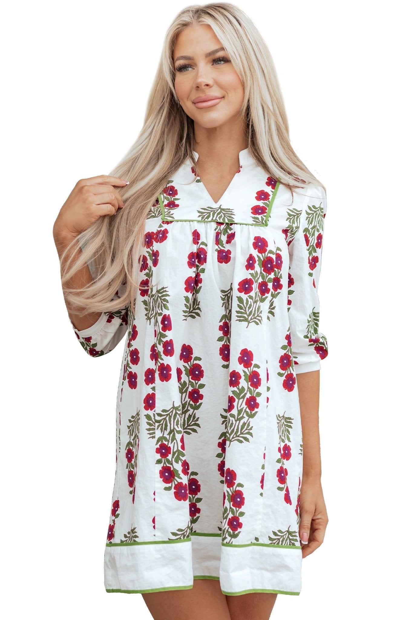 Floral Notched V-Neck 3/4 Sleeve Dress - Rooted & Reckless Co.