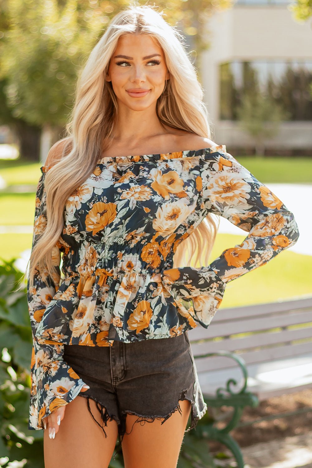 Floral Off Shoulder Bell Sleeve Peplum Top - Rooted & Reckless Co.