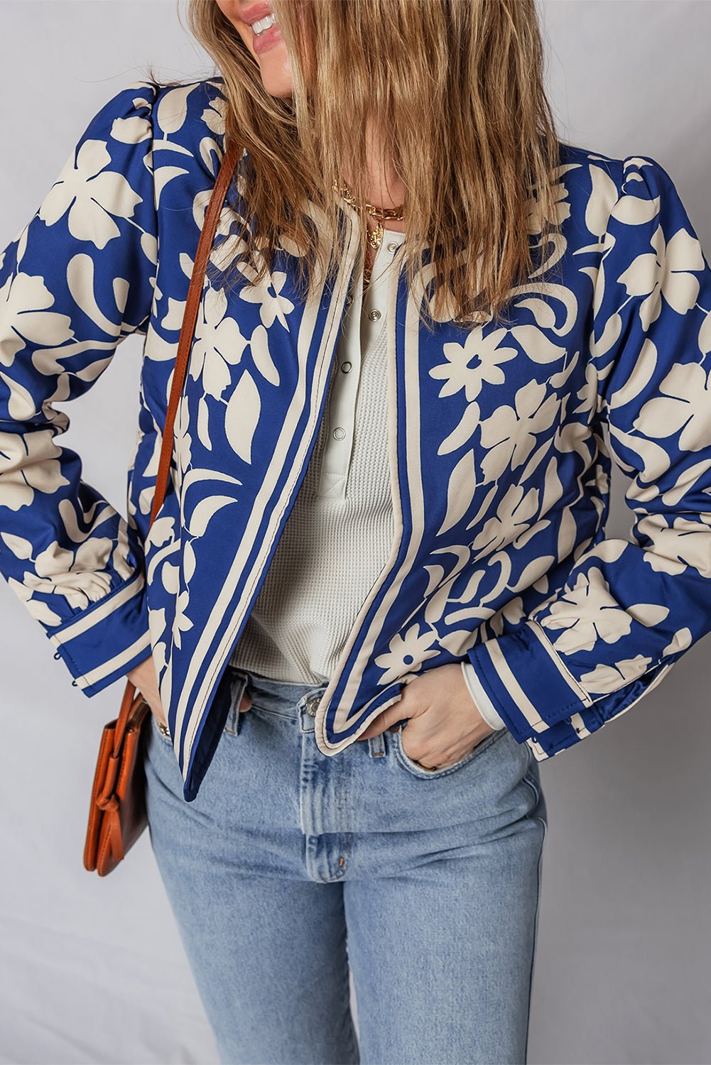 Floral Open Front Buttoned Cuff Jacket - Rooted & Reckless Co.