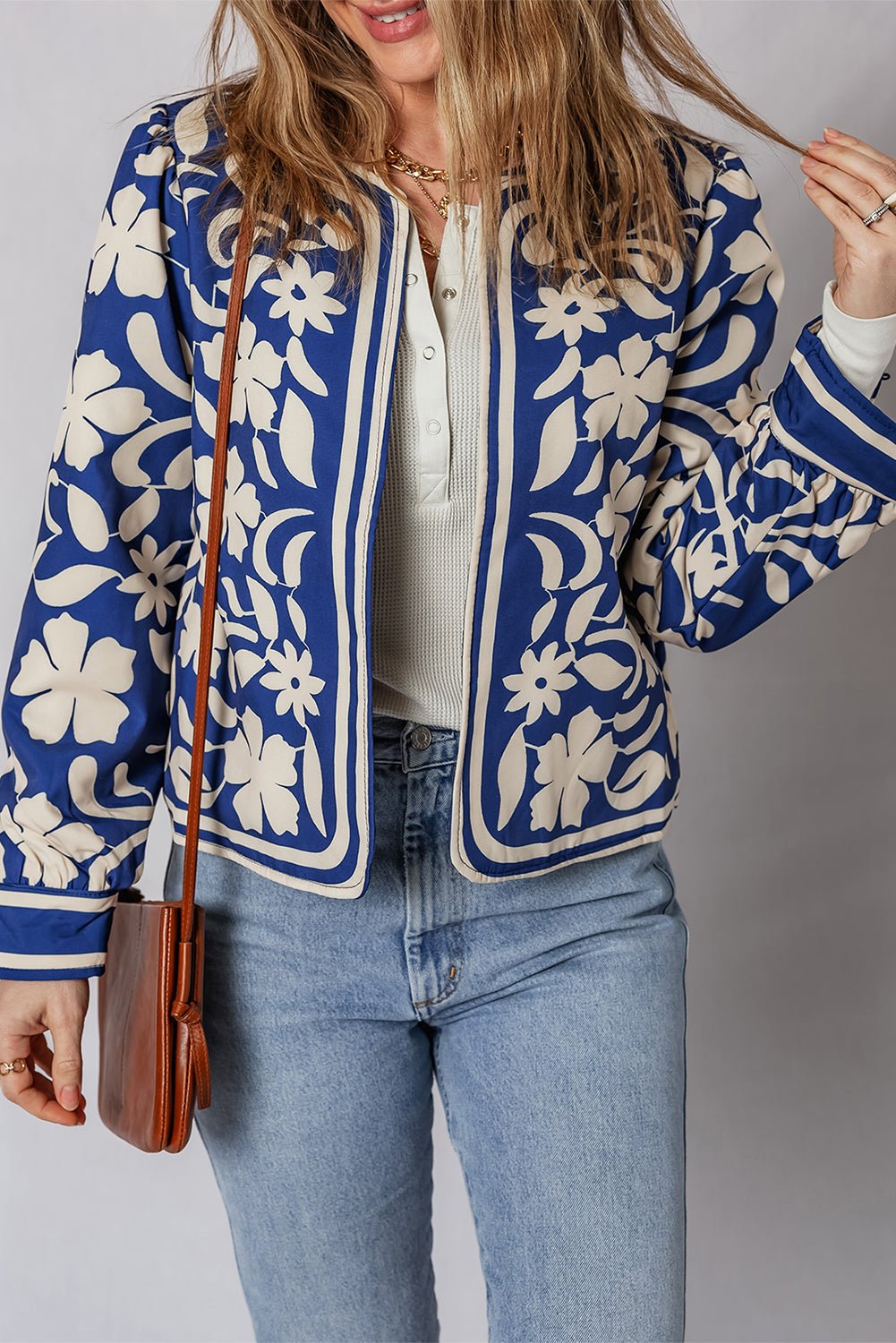 Floral Open Front Buttoned Cuff Jacket - Rooted & Reckless Co.