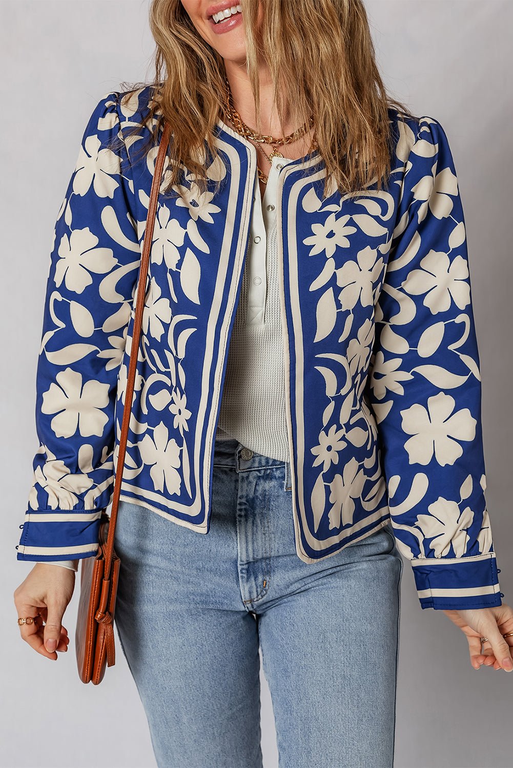Floral Open Front Buttoned Cuff Jacket - Rooted & Reckless Co.