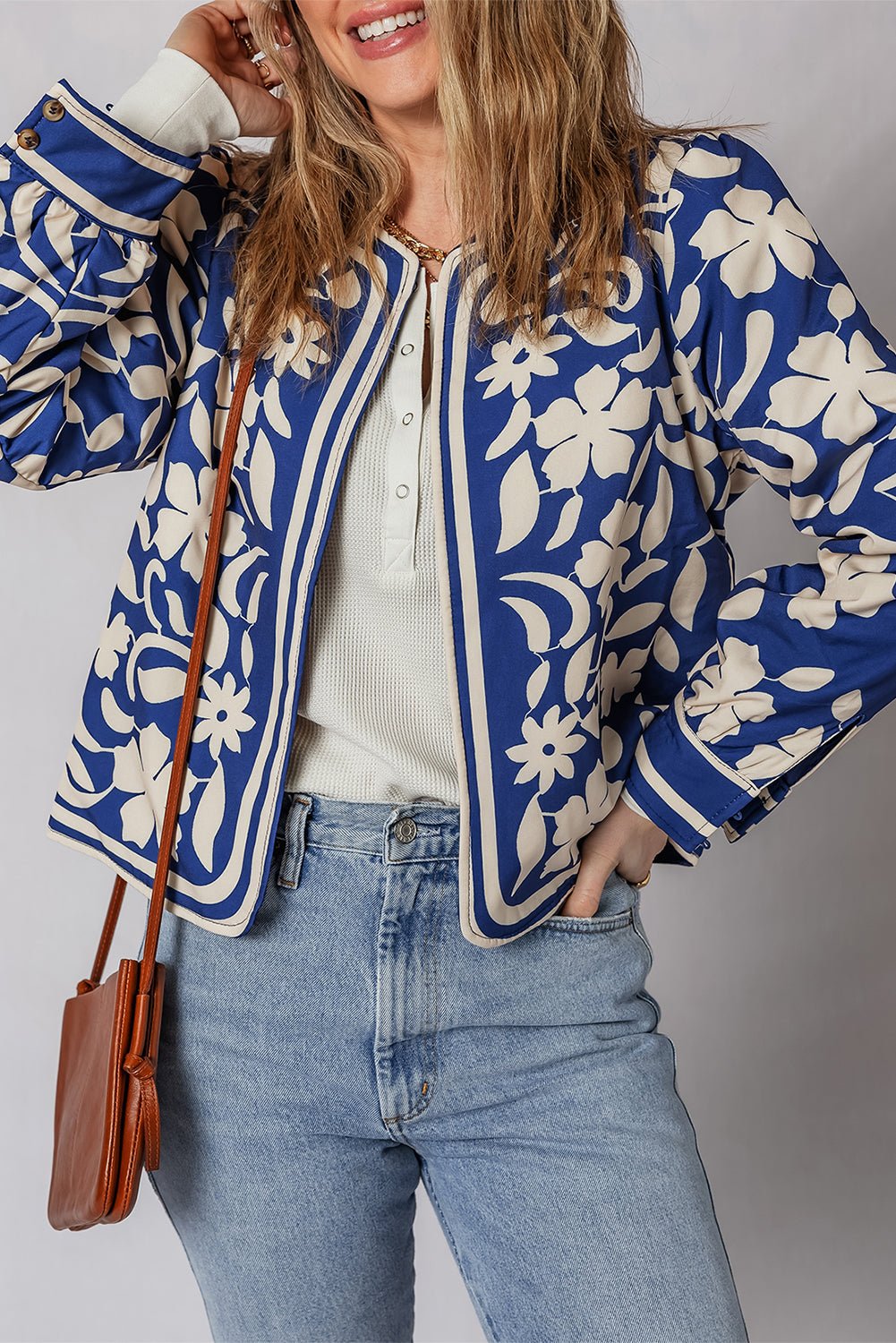 Floral Open Front Buttoned Cuff Jacket - Rooted & Reckless Co.