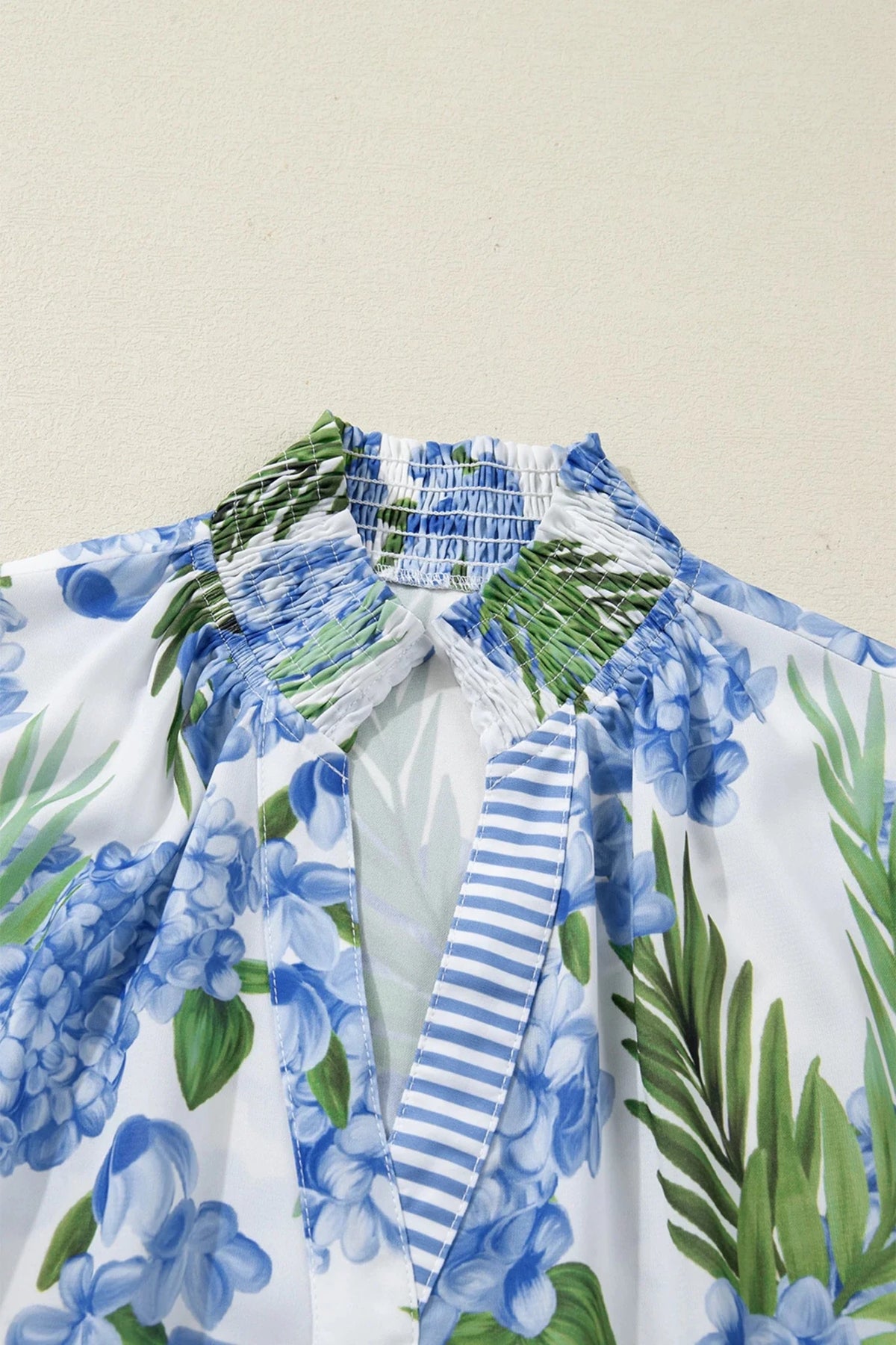 Floral Palm Stripe Patchwork V-Neck Short Sleeve Blouse - Rooted & Reckless Co.