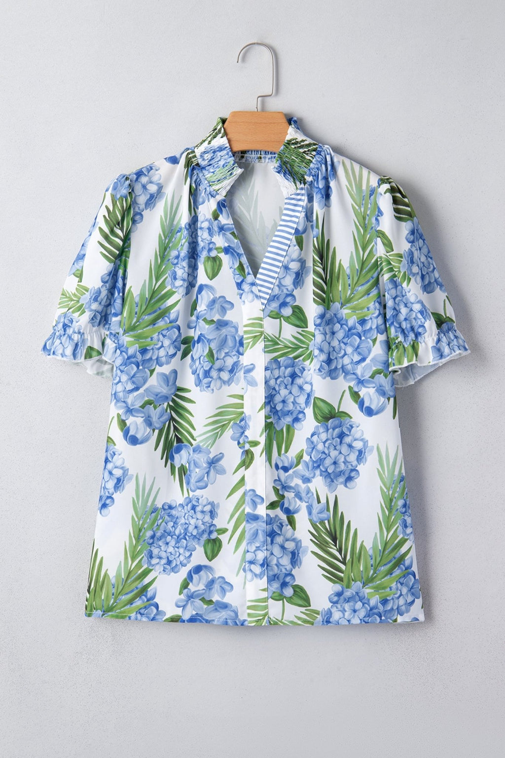 Floral Palm Stripe Patchwork V-Neck Short Sleeve Blouse - Rooted & Reckless Co.