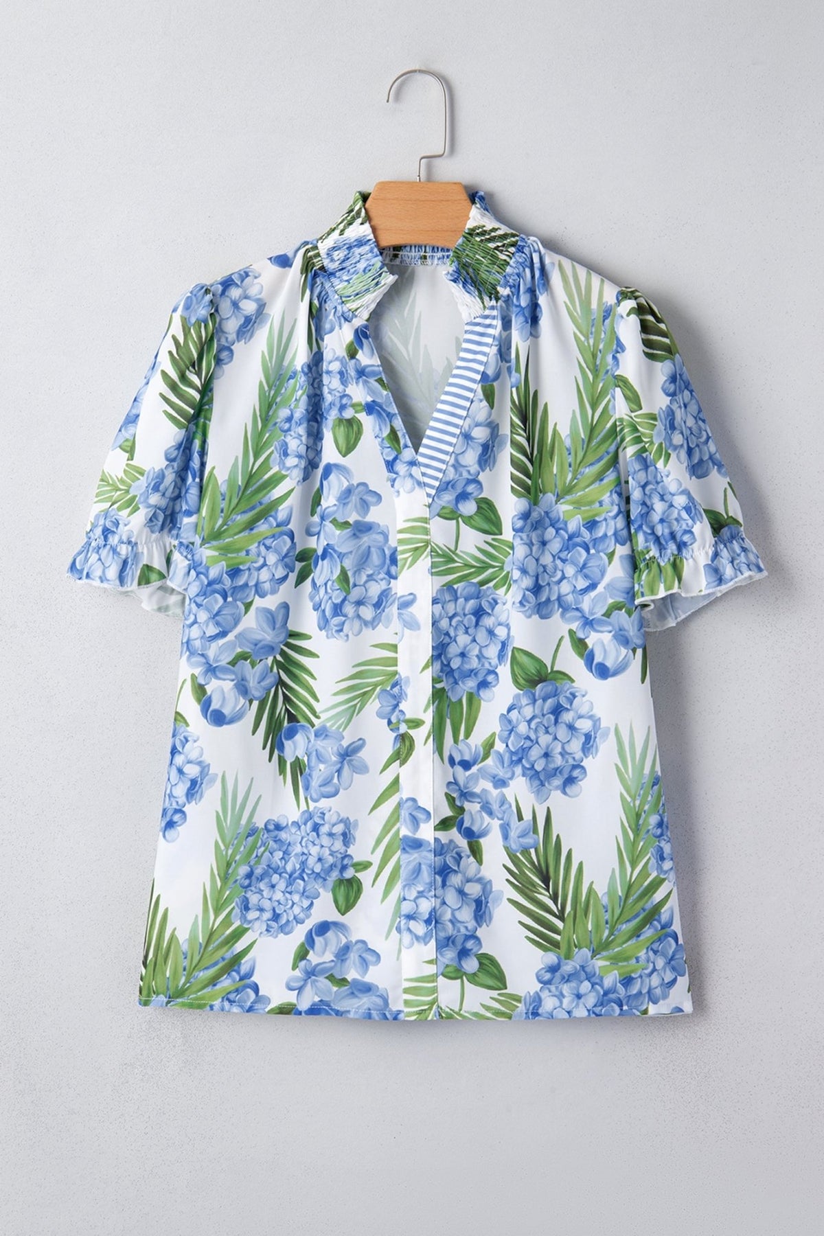 Floral Palm Stripe Patchwork V-Neck Short Sleeve Blouse - Rooted & Reckless Co.