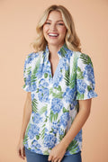 Floral Palm Stripe Patchwork V-Neck Short Sleeve Blouse - Rooted & Reckless Co.