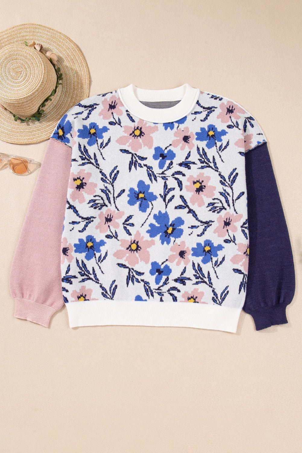 Floral Panel Colorblock Sleeve Crewneck Sweater - Rooted & Reckless Co.