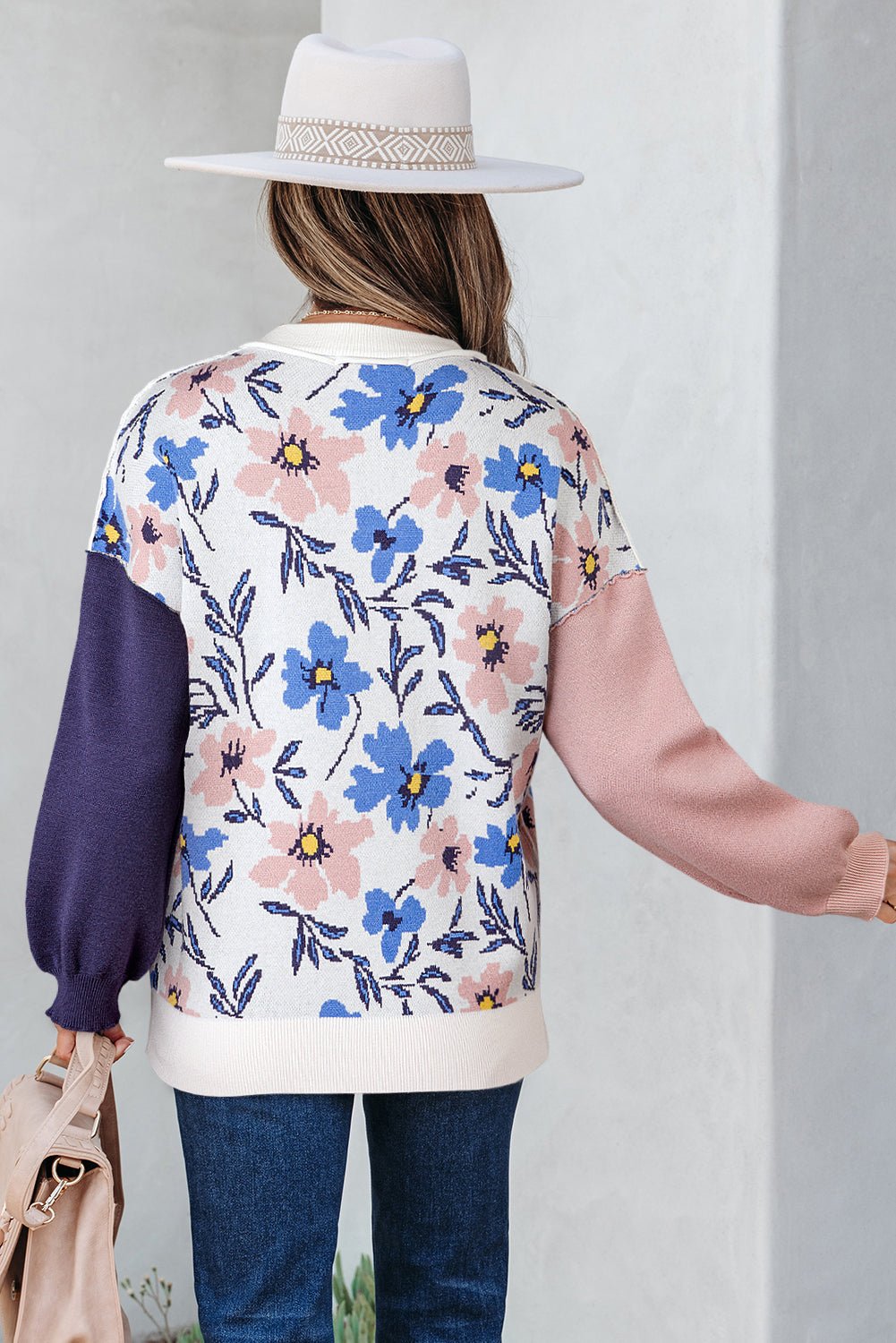 Floral Panel Colorblock Sleeve Crewneck Sweater - Rooted & Reckless Co.