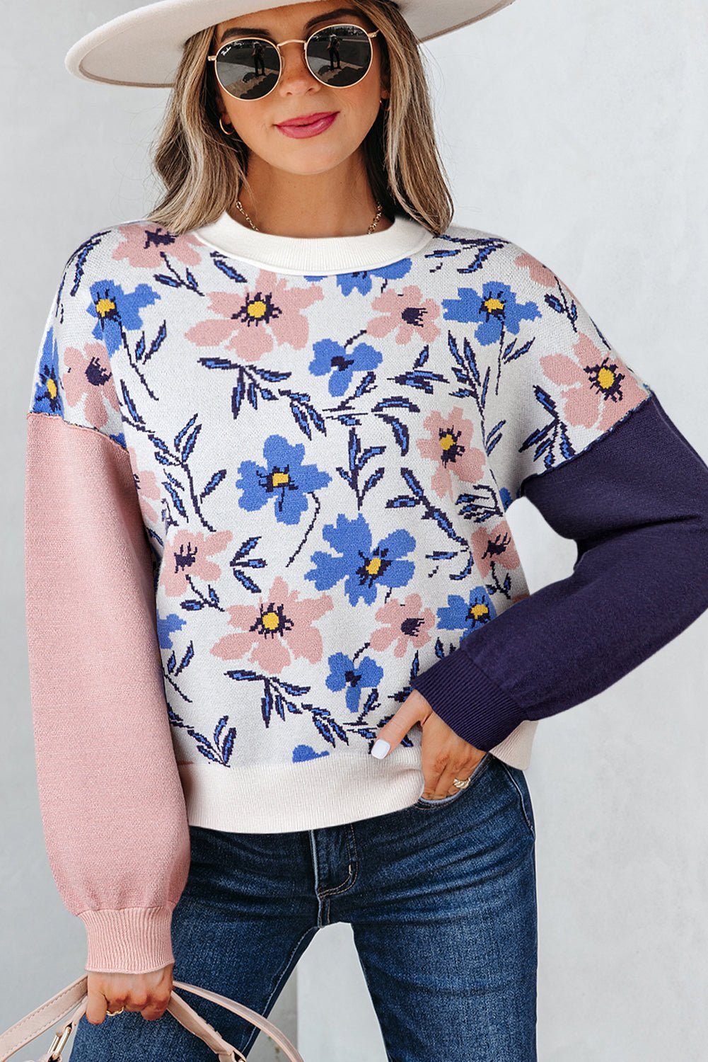 Floral Panel Colorblock Sleeve Crewneck Sweater - Rooted & Reckless Co.