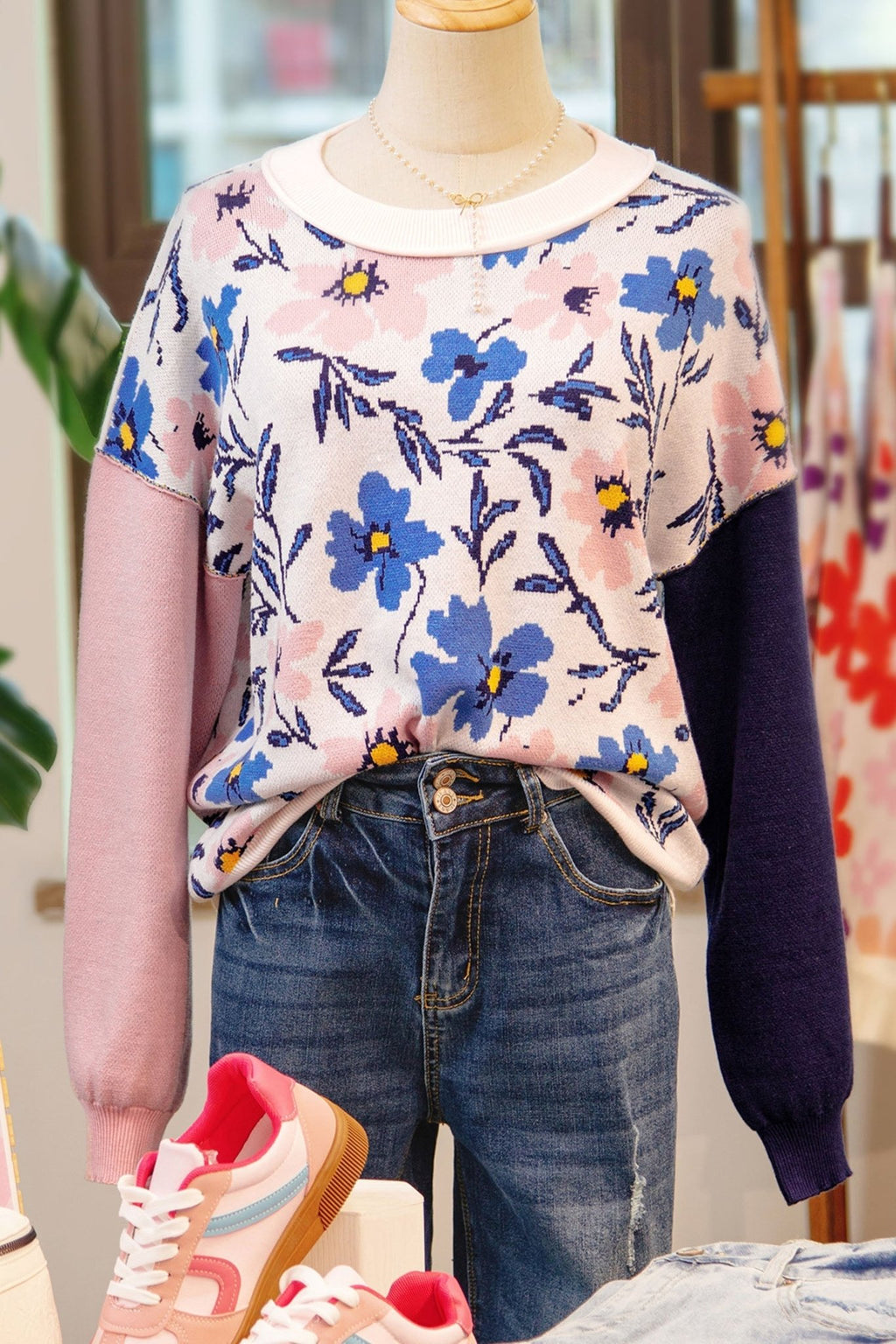 Floral Panel Colorblock Sleeve Crewneck Sweater - Rooted & Reckless Co.