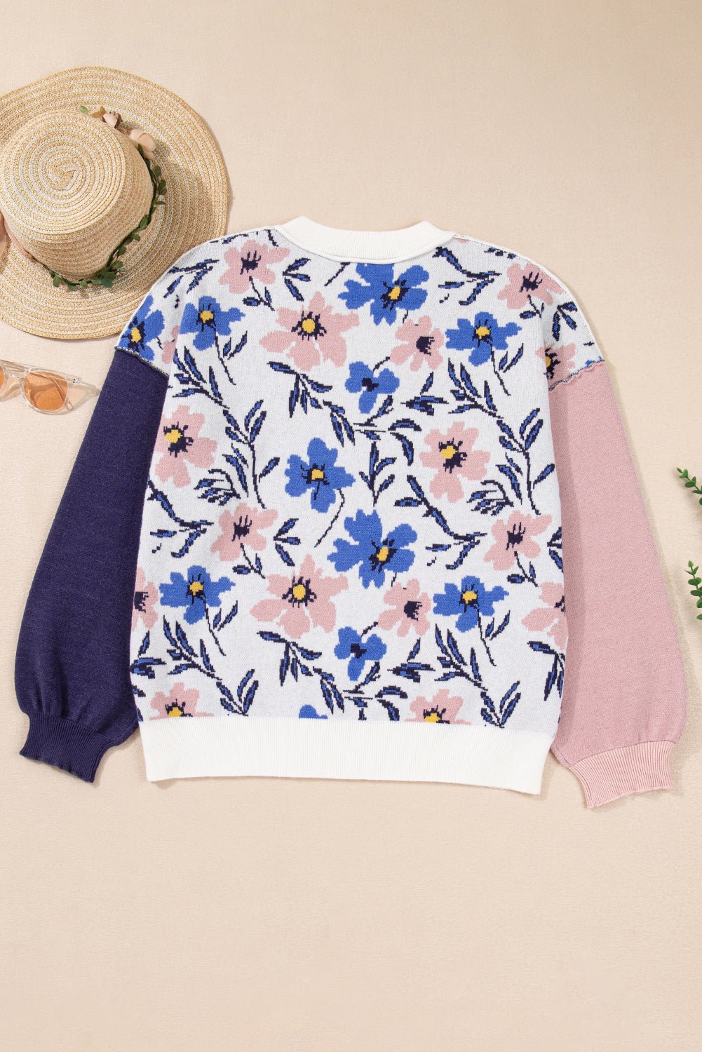 Floral Panel Colorblock Sleeve Crewneck Sweater - Rooted & Reckless Co.