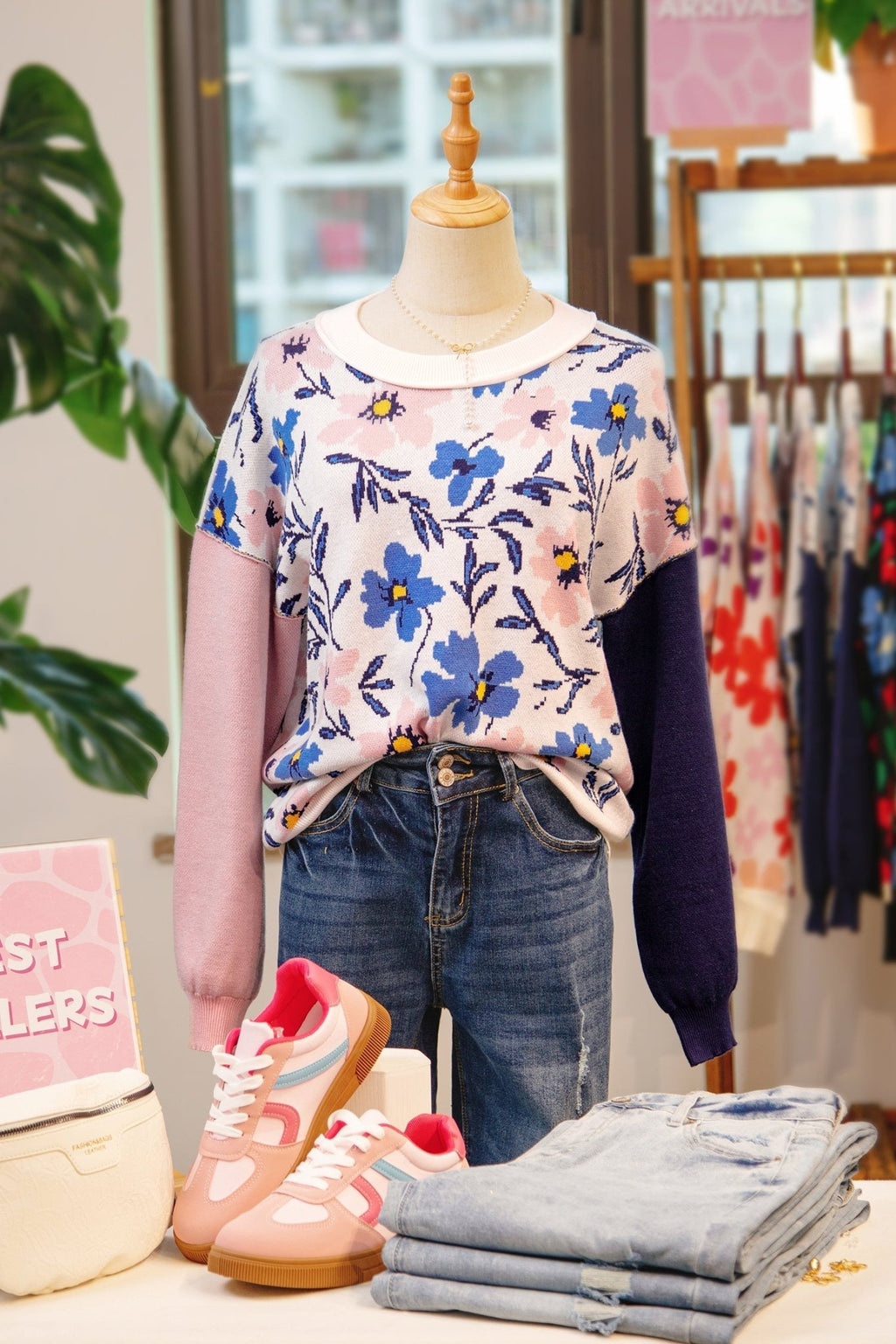 Floral Panel Colorblock Sleeve Crewneck Sweater - Rooted & Reckless Co.