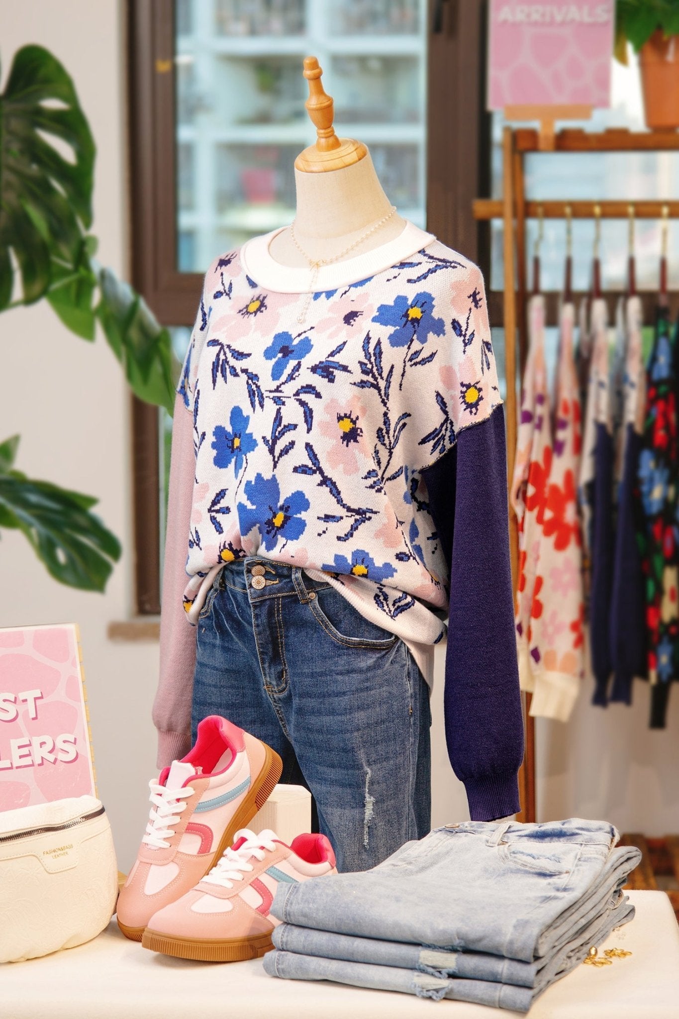 Floral Panel Colorblock Sleeve Crewneck Sweater - Rooted & Reckless Co.