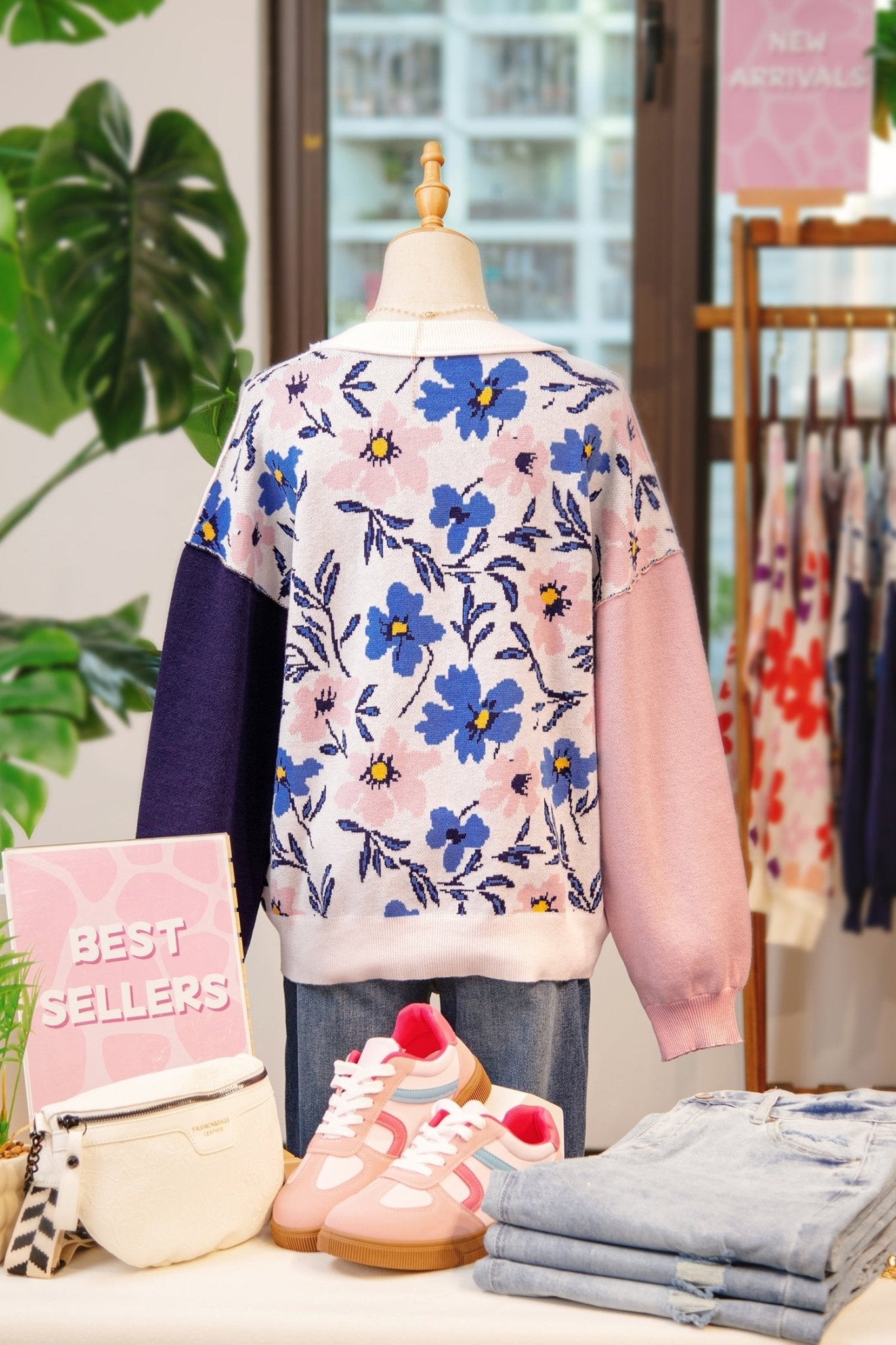 Floral Panel Colorblock Sleeve Crewneck Sweater - Rooted & Reckless Co.