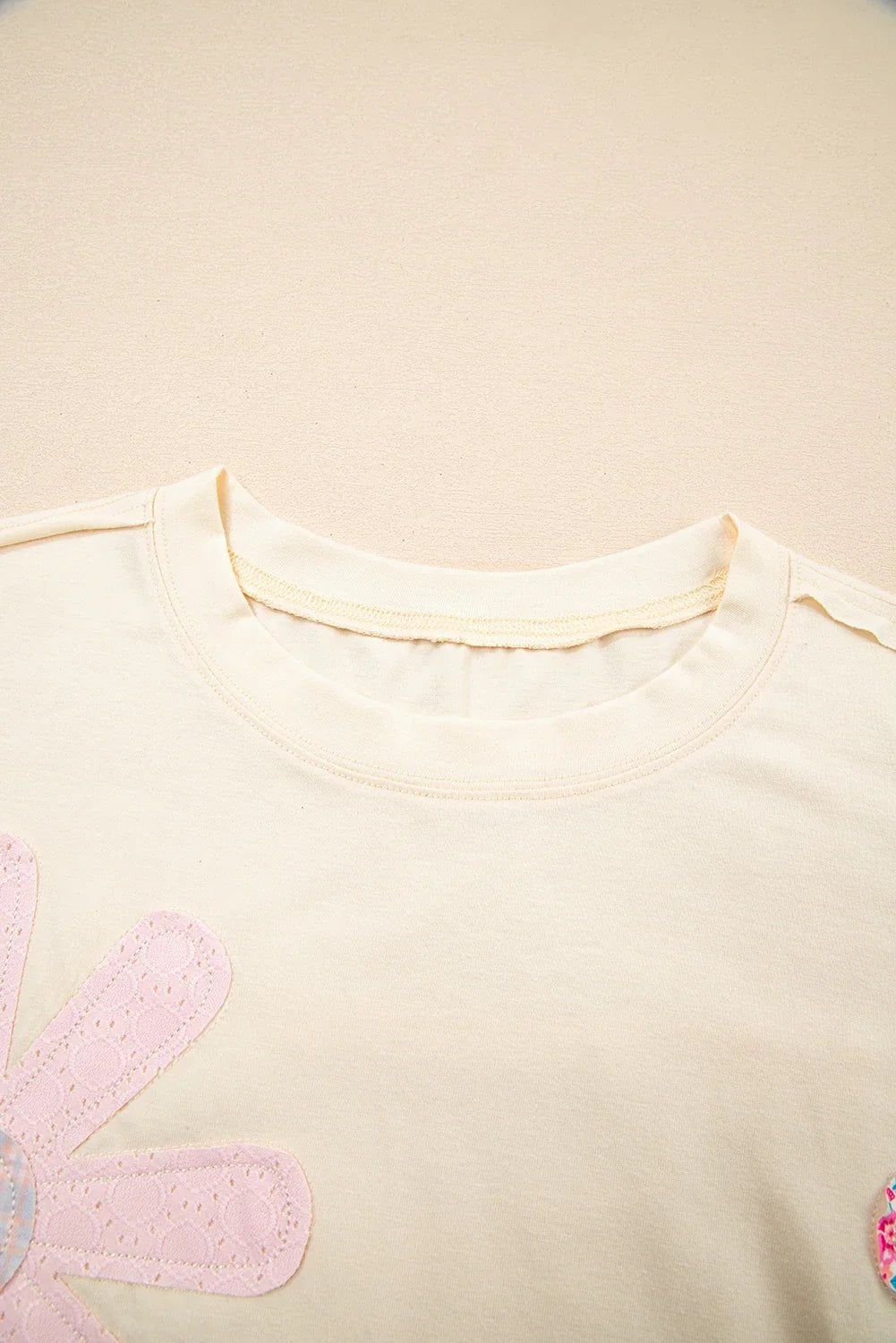 Floral Patch Exposed Stitching Crew Neck Tee - Rooted & Reckless Co.