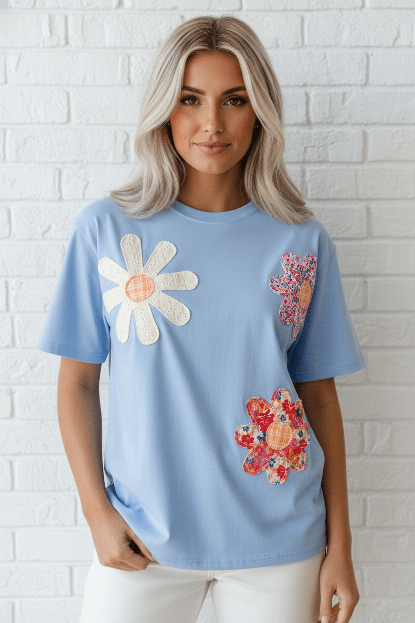 Floral Patch Exposed Stitching Crew Neck Tee - Rooted & Reckless Co.
