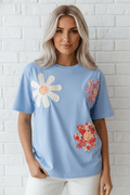 Floral Patch Exposed Stitching Crew Neck Tee - Rooted & Reckless Co.