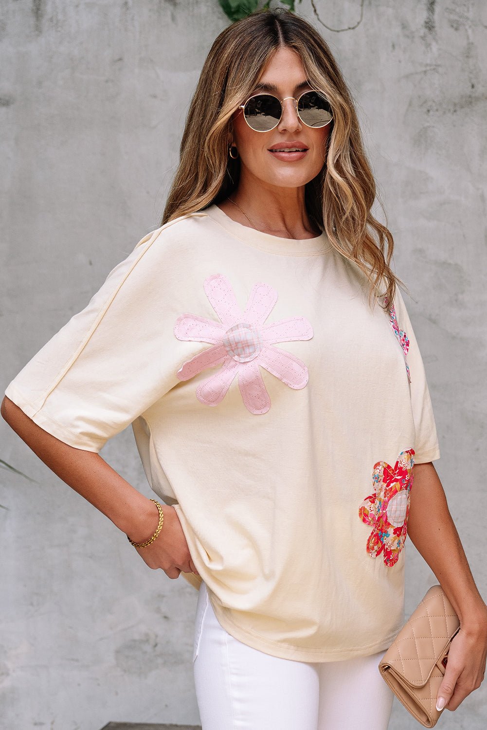 Floral Patch Exposed Stitching Crew Neck Tee - Rooted & Reckless Co.